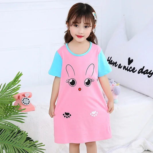 Girls pink and blue cotton nightie with cute rabbit design short sleeve sleepwear