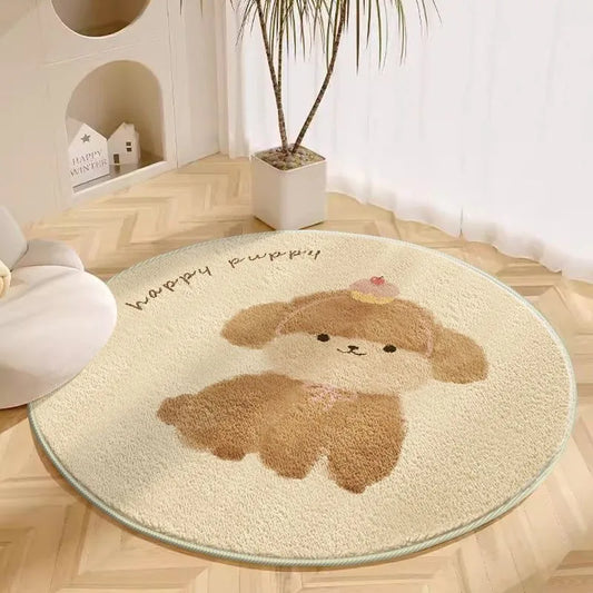 Cream round cartoon rug with happy puppy design placed on a light floor in a nursery setting