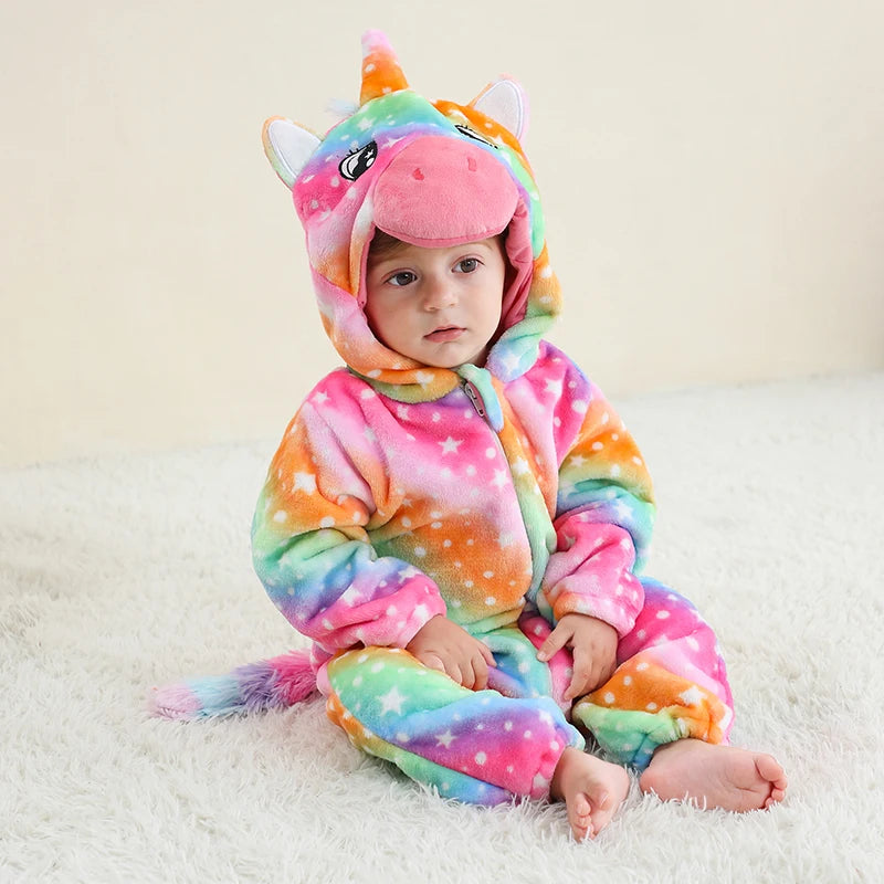 Rainbow unicorn baby romper with hooded design and zip front in soft flannel fabric