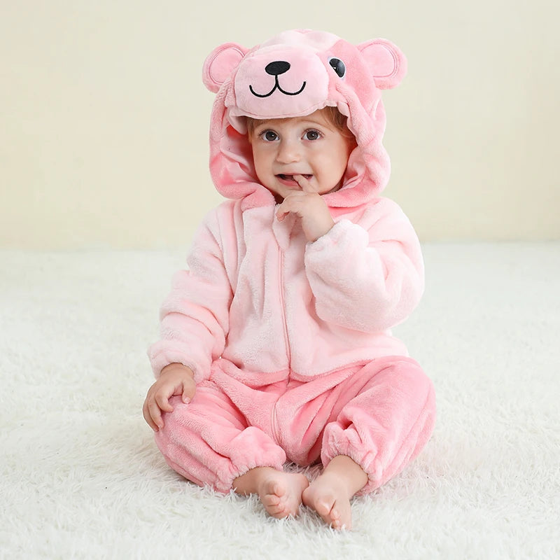 Pink bear hooded baby romper with full zip and soft cartoon design