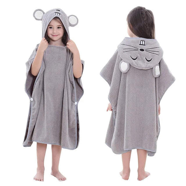 Child wearing a grey animal-themed hooded towel with front and back views.