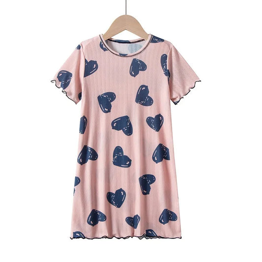 Girls cotton nightdress with heart print design and short sleeves