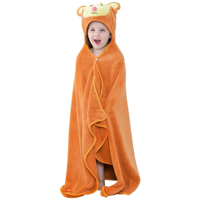 Child wearing a orange monkey hood towel on a white background
