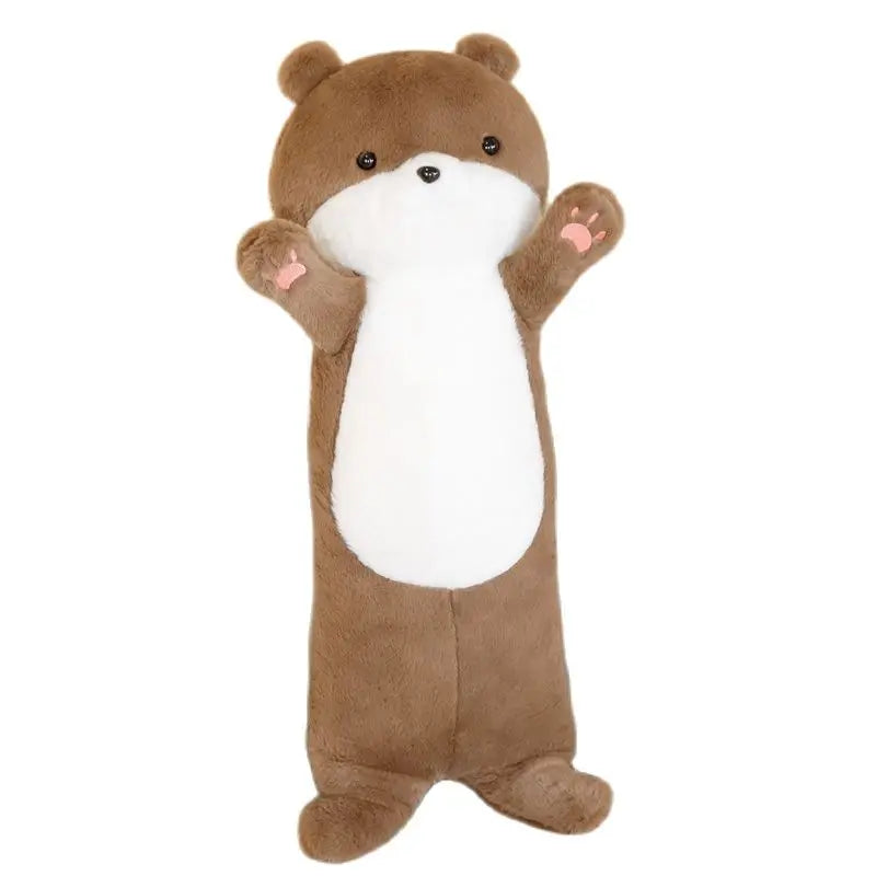 Plush toy shaped like a otter with a white belly on a white background