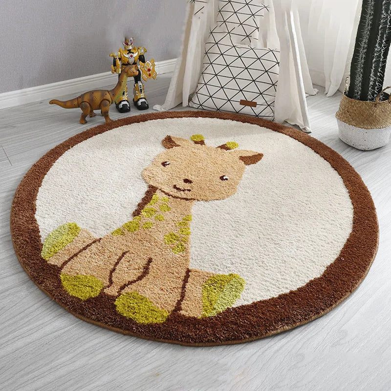 Round rug with a giraffe design on a wooden floor, surrounded by toys and decor.