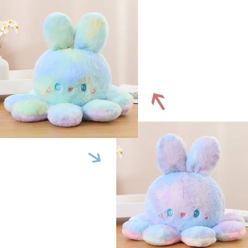 Both designs of the reversible plush toy green and purple.