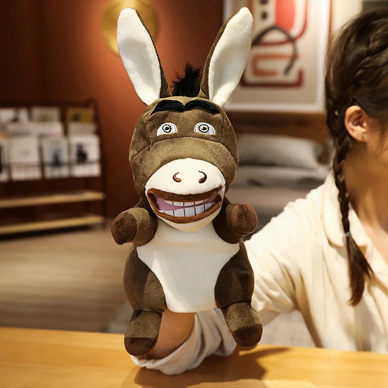Plush donkey toy with a person in the background