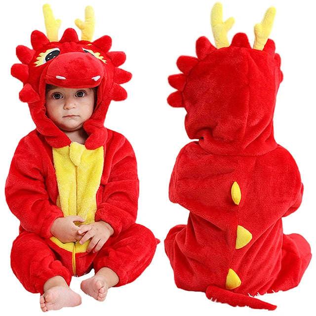 Red dragon costume with yellow accents on a white background