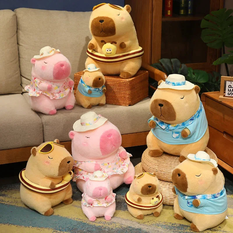 Set of plush toy Capybara in various outfits on a couch and floor.