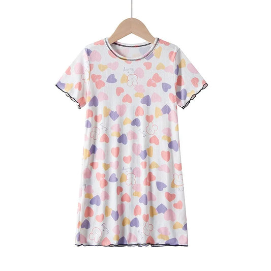 Girls cotton nightdress with pastel heart print and short sleeves