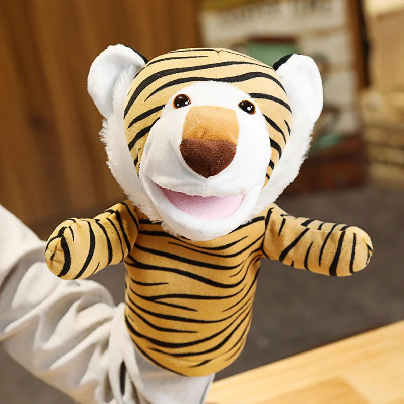 Plush tiger hand puppet with a blurred indoor background