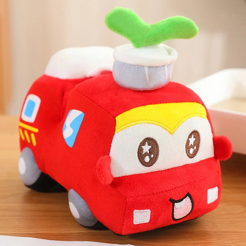 Red fire engine cartoon plush toy with cheerful face and bright colour finish