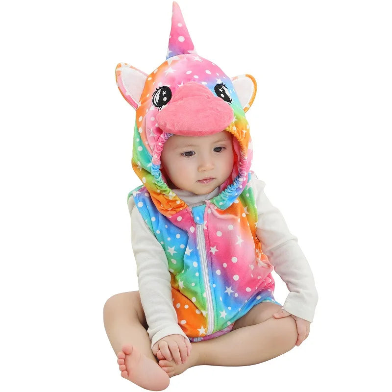 Baby wearing a unicorn hooded onesie on a white surface. 
