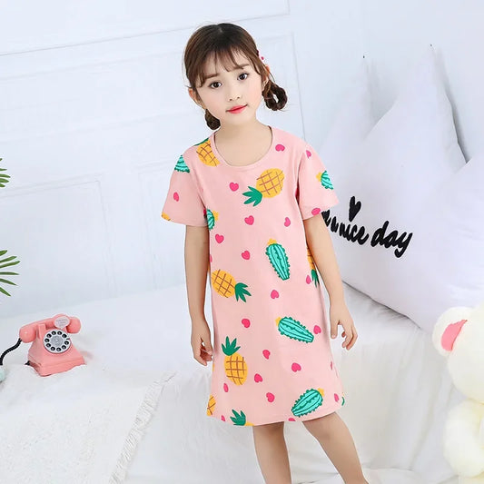 Girls pink cotton nightie with pineapple and cactus print short sleeve sleepwear
