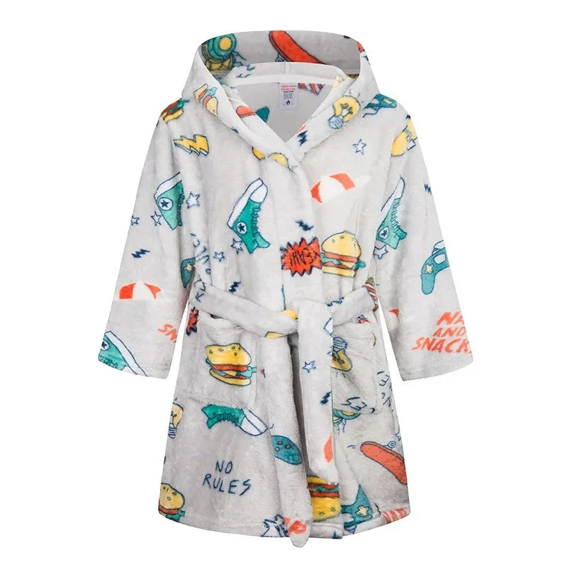 Boys hooded bathrobe nightgown in a white no rules print design for children