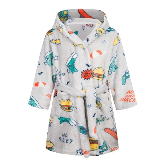 Boys hooded bathrobe nightgown in a white no rules print design for children