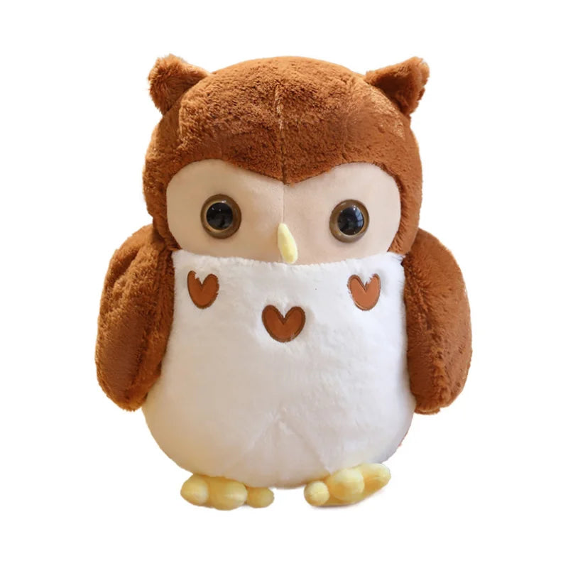 Plush owl toy with brown feathers and white chest on a white background