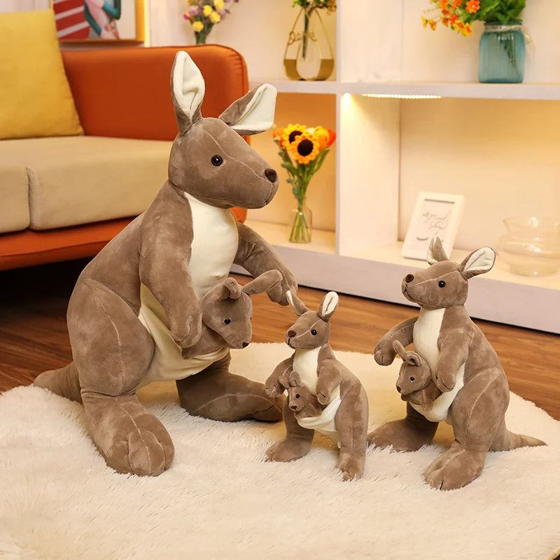 Kangaroo soft toy adult with joey plush toys, in three sizes, styled on a rug in a living room