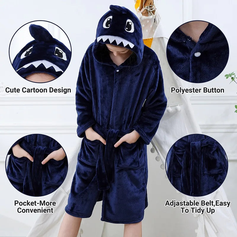 Close up features of a blue shark hooded dressing gown