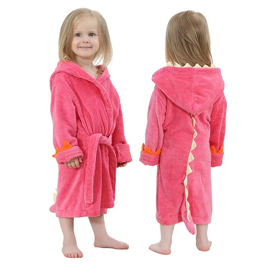 Pink dinosaur-themed hooded baby bathrobe made from soft bamboo fabric with belt tie