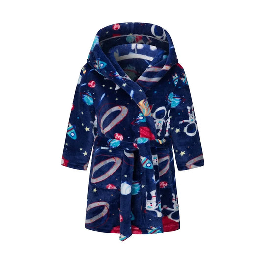 Boys navy hooded bathrobe nightgown with colourful rocket and space print.
