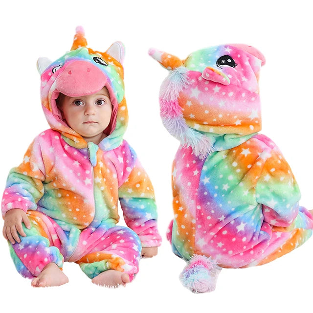 Rainbow unicorn baby romper with hooded design and zip front in soft flannel fabric on a white background