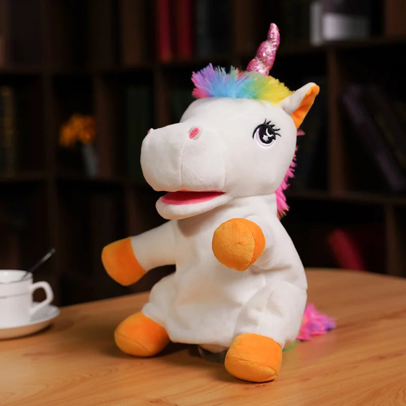 Plush toy unicorn hand puppet with rainbow hair on a wooden table