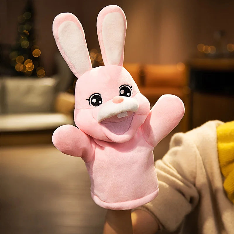 Pink bunny plush toy with a blurred indoor background