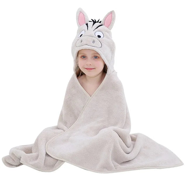 Child wearing a Grey donkey hooded towel on a white background