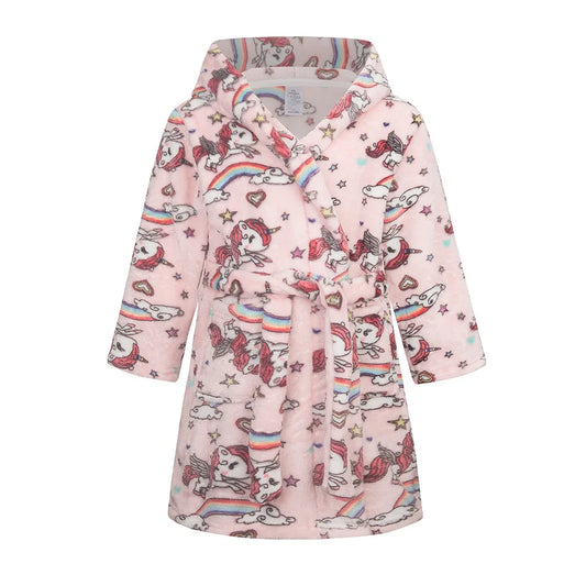 Girls pale pink hooded bathrobe nightgown with unicorn and rainbow print.