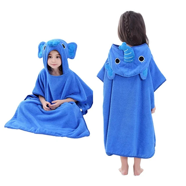 Blue children's hooded towel with elephant design worn by a child on a white background