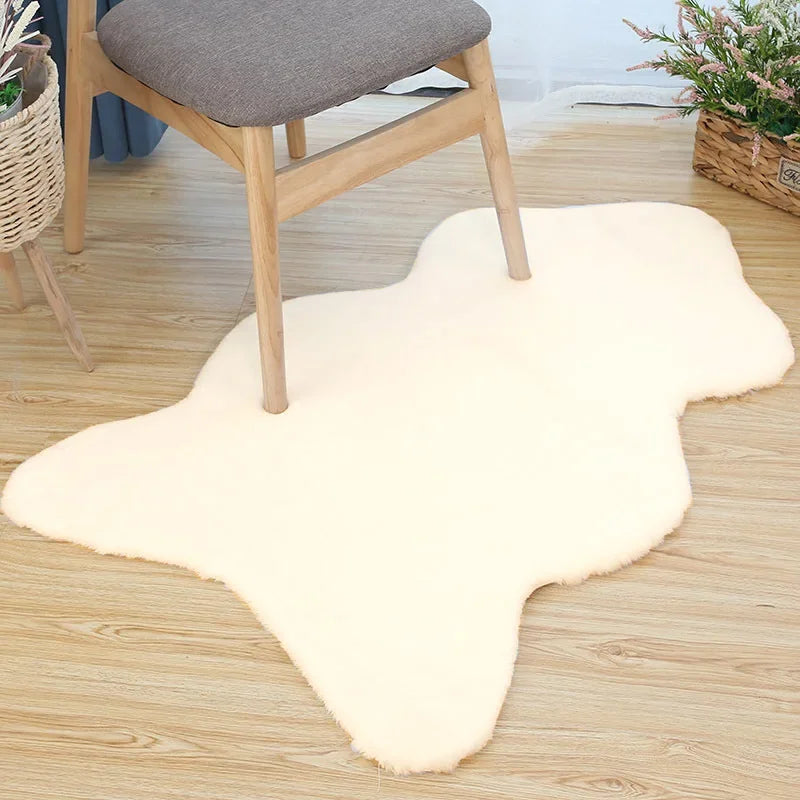 Cream fun-shaped faux rabbit fur rug placed on a wooden floor beneath a chair