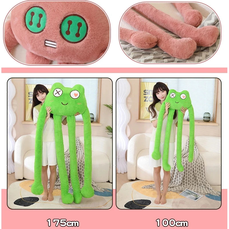 Collage of pink and green plush toys showing off size and detailing.