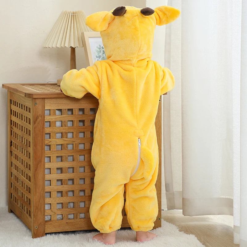 Back view of a child wearing yellow giraffe hooded baby romper with soft cartoon design and full zip