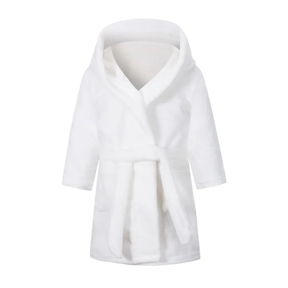 Kids soft hooded bathrobe nightgown in white with rope tie fastening.