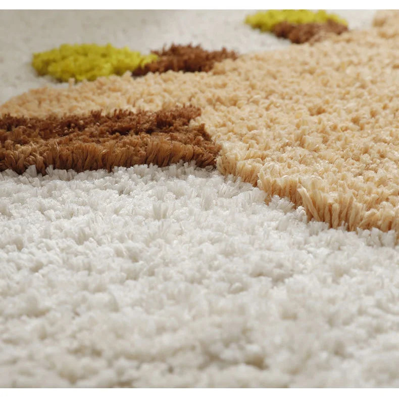 Close-up of a textured rug with a giraffe pattern on a white background