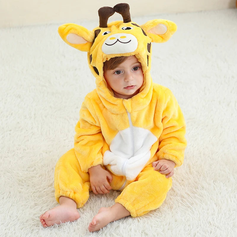 Yellow giraffe hooded baby romper with soft cartoon design and full zip