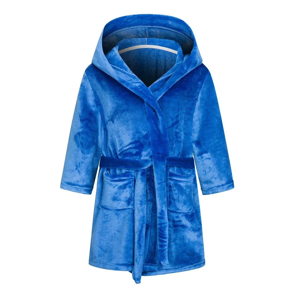 Kids soft hooded bathrobe nightgown in bright blue with rope tie fastening.