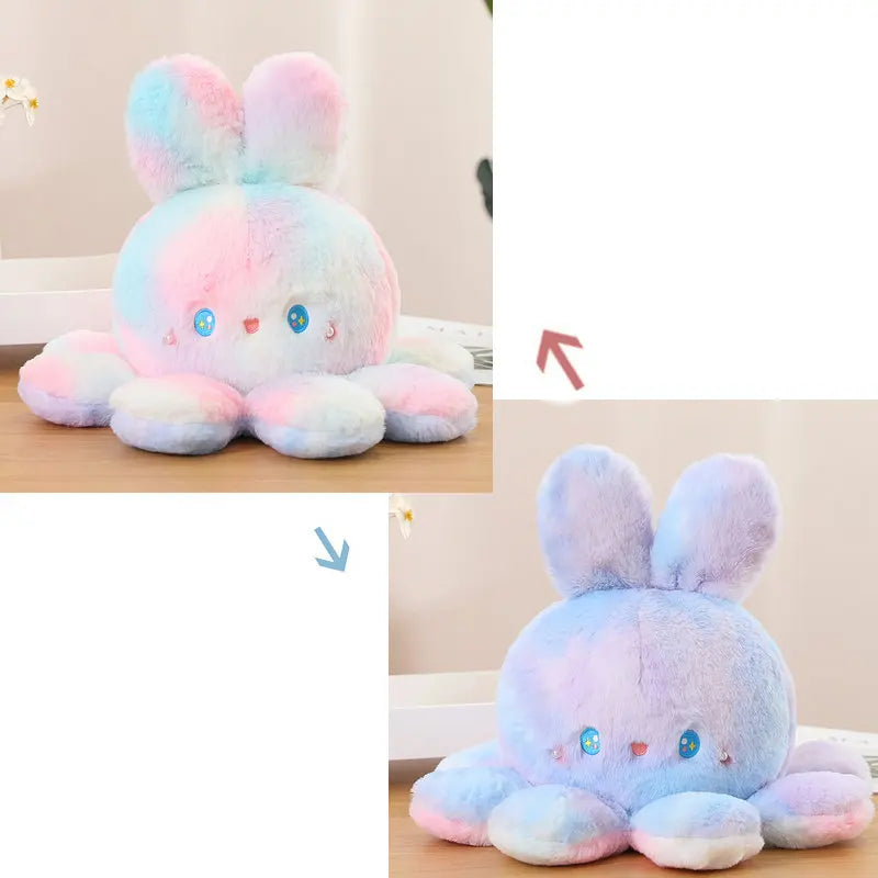 Both designs of the reversible plush toy pink and purple.