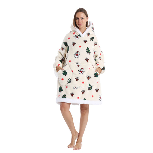 Woman wearing a cream oversized Christmas themed hoodie with snowman and reindeer motifs