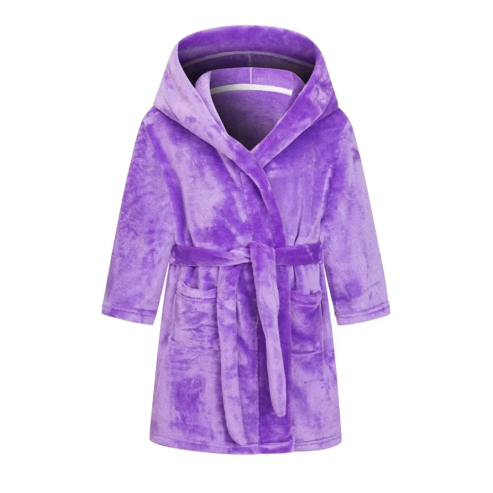 Kids soft hooded bathrobe nightgown in soft lilac with rope tie fastening.