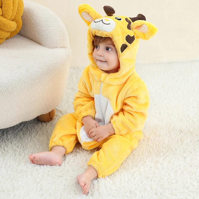 Child wearing yellow giraffe hooded baby romper with soft cartoon design and full zip
