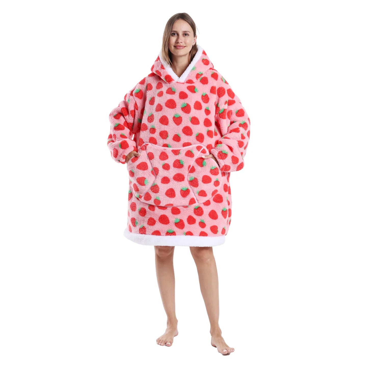 Oversized hooded fleece blanket hoodie showing strawberry fruit print designs