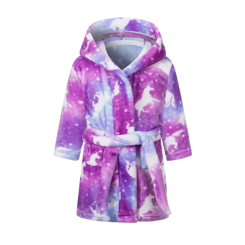 Girls purple hooded bathrobe nightgown with soft unicorn galaxy print.