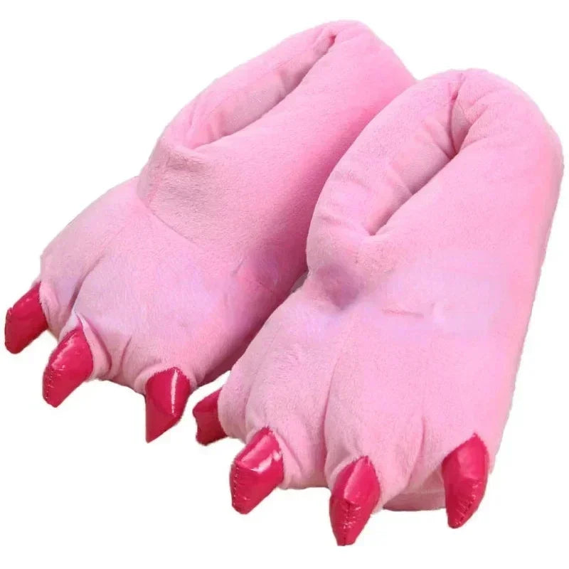 Pink plush monster paw slippers with pink claw details shown as a pair on a white background