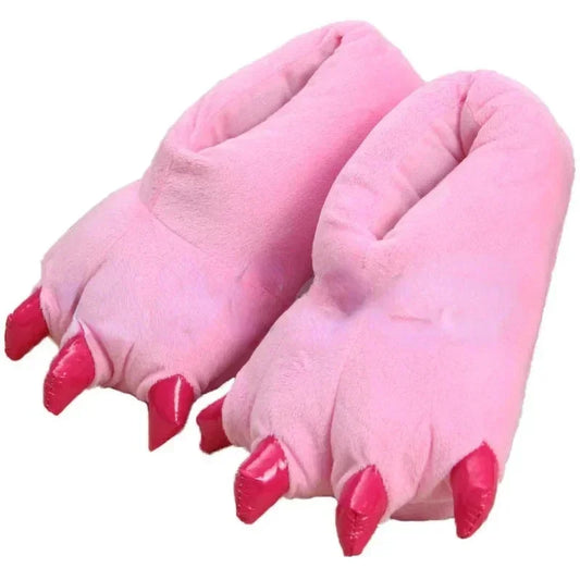Pink plush monster paw slippers with pink claw details shown as a pair on a white background