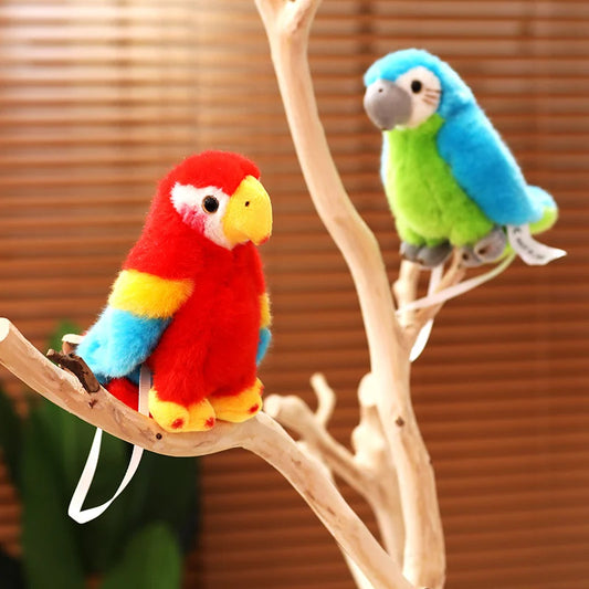 Two colourful soft plush parrots sat on a branch with a blurred background.