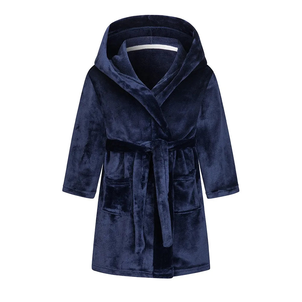 Kids hooded bathrobe nightgown in navy blue with rope tie fastening.