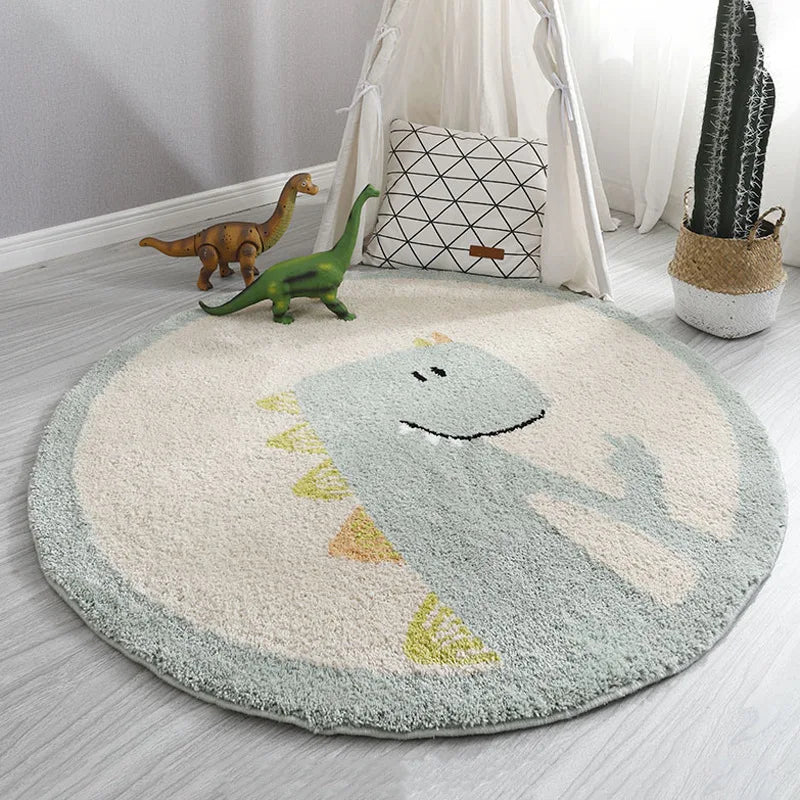 Round rug with dinosaur design in a room with toys and decor