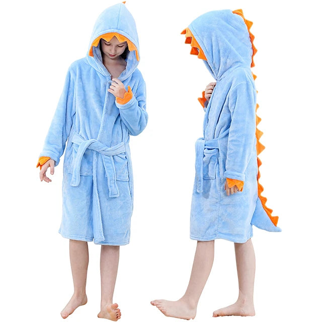 Blue dinosaur-themed robe with orange accents worn by a person on a white background